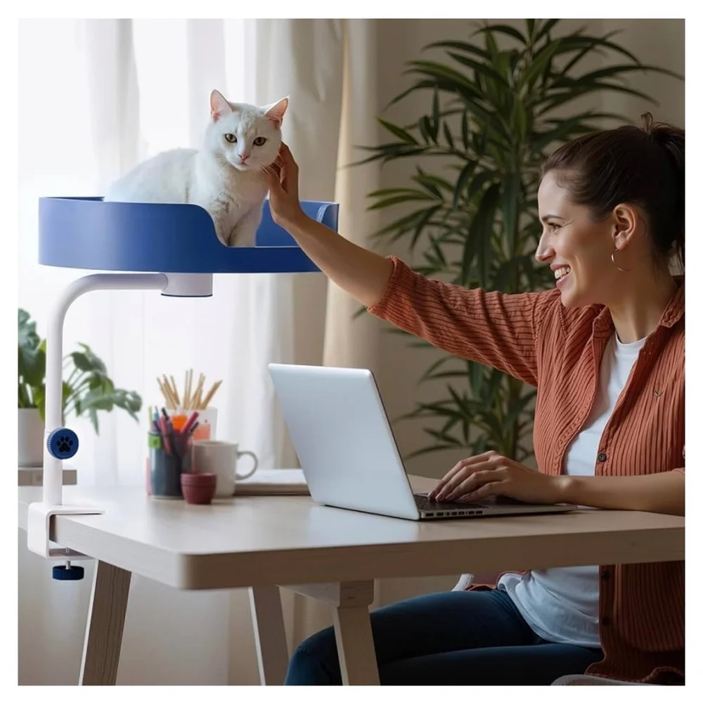 🐾 Blue Cat Desk Bed | Indoor Window or Office Nest | Elevated Space-Saving Perch - Picture 1 of 10